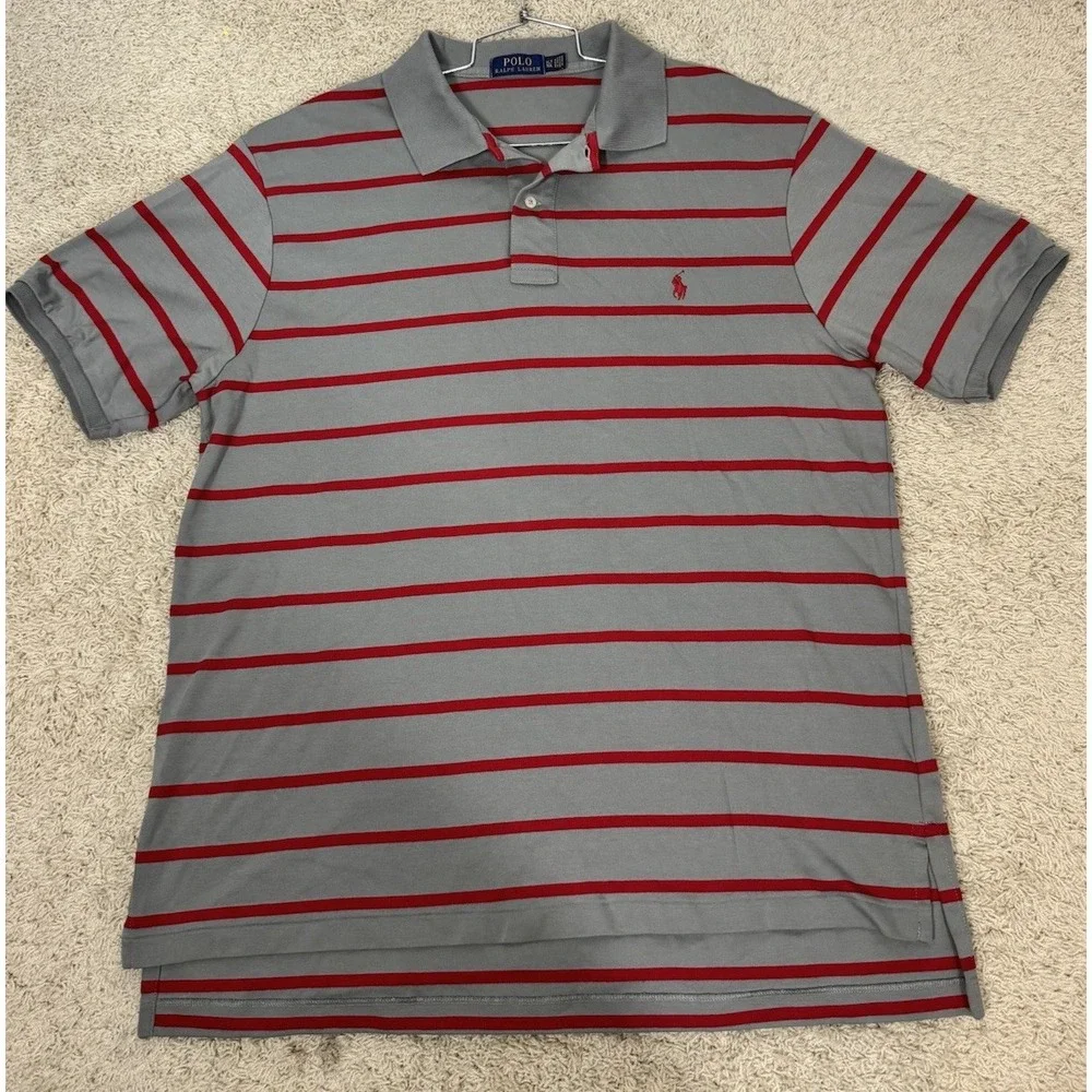 Polo Ralph Lauren Mens Short Sleeve Shirt Gray Red Stripes Size XL Red Pony Soft